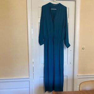 Vince teal blue button front long sleeve maxi dress with a drawstring waist